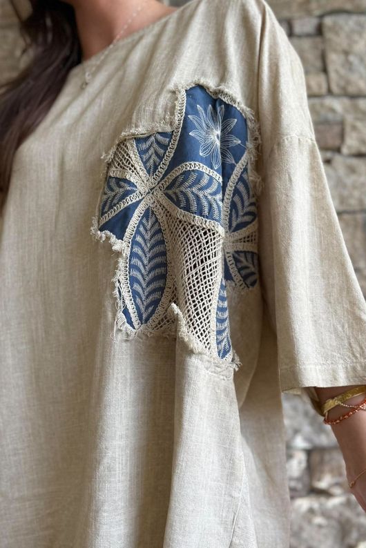 Lindin Linen Blend Crochet Flower Top Washed Sandstone